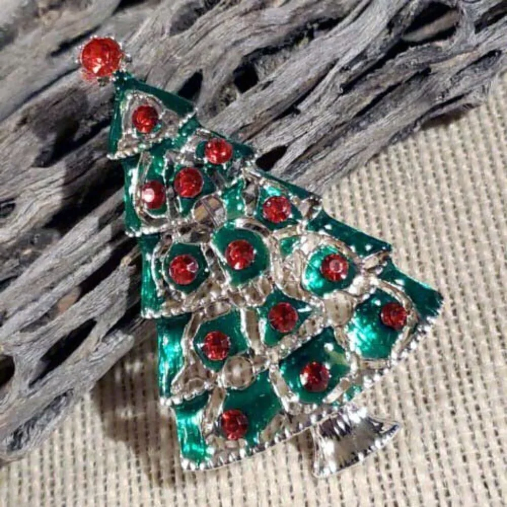 Y2K 90s VintageRed Rhinestone Christmas Tree Enamel Christmas Sweater Pin Brooch